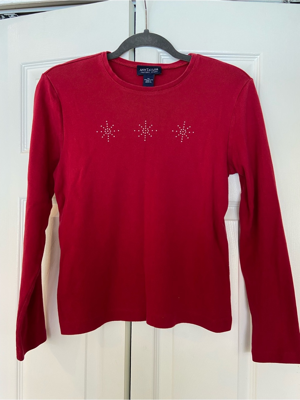 Ann Taylor Red Long-Sleeve Tee with Crystal Star Accents